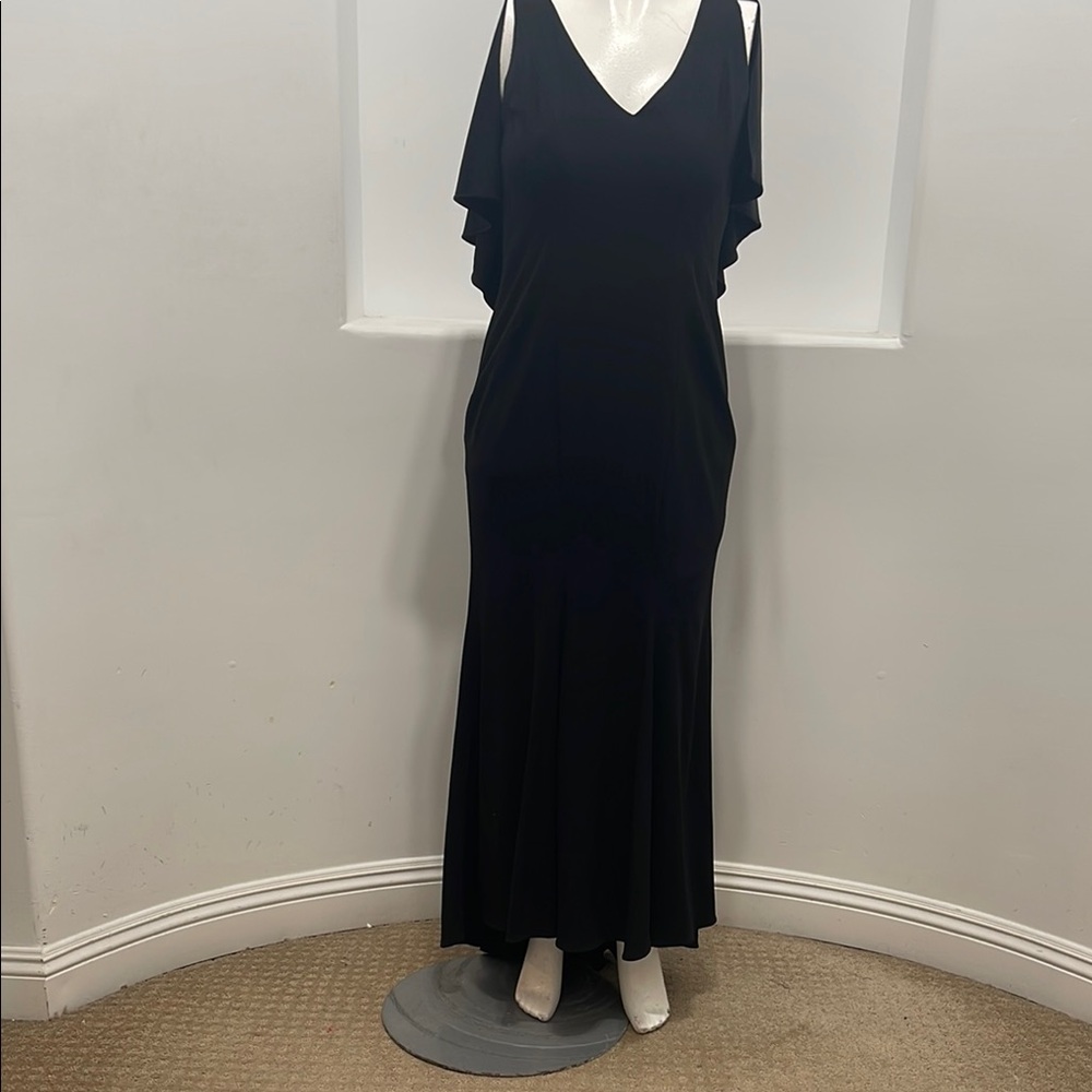 Zac Zac Posen Black Crepe Maxi Gown Ruffle Accent At Back Size 14 - Picture 11 of 11